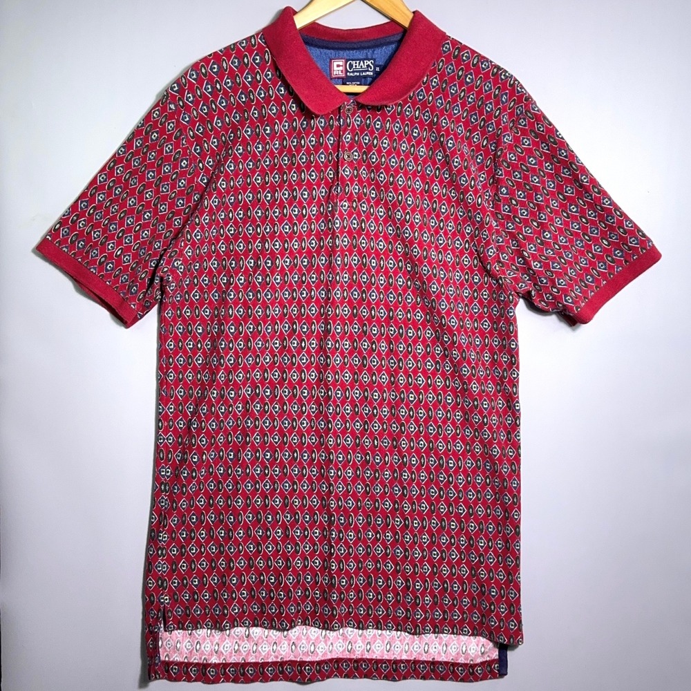 Chaps Ralph Lauren Shirt Mens Size XL Geometric Diamond Print Cotton Red Pique‎